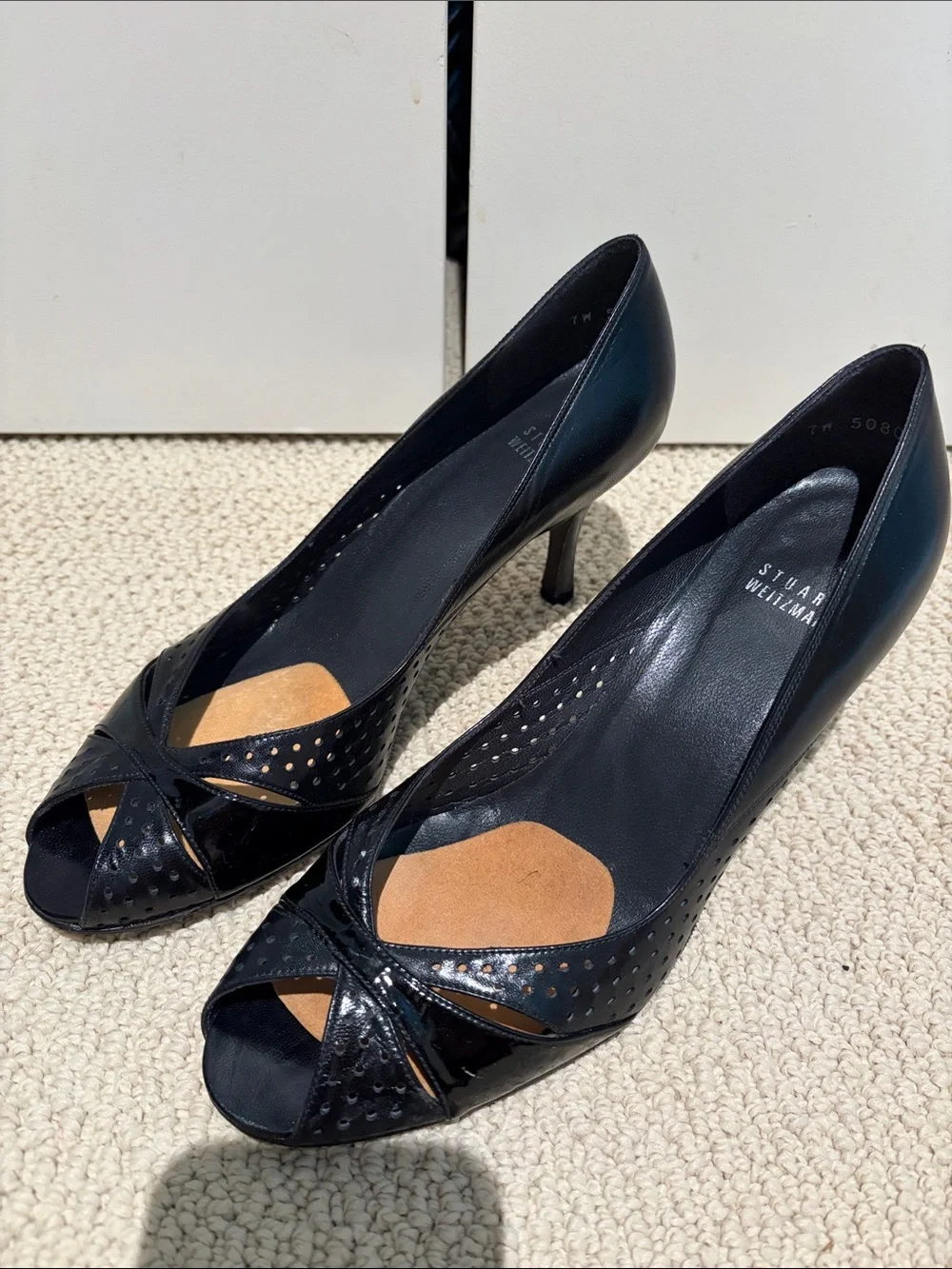 Stuart Weitzman Black Patent Leather Peep-Toe Heels